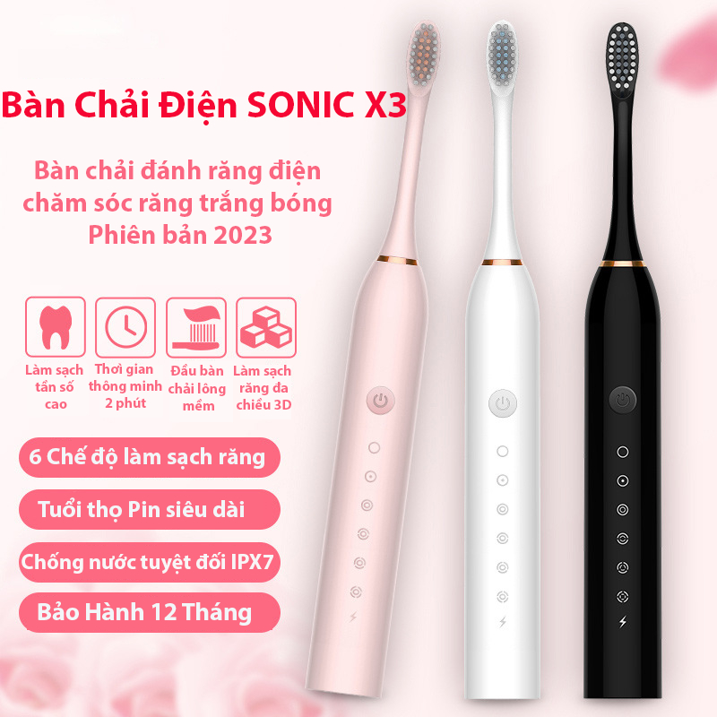 Bàn Chải Đánh Răng Điện Sonic X-3 Máy Đánh Răng Sóng Âm 5 Chế Độ  Tặng Kèm 4 Đầu Bàn Chải Bảo Hành 12 Tháng