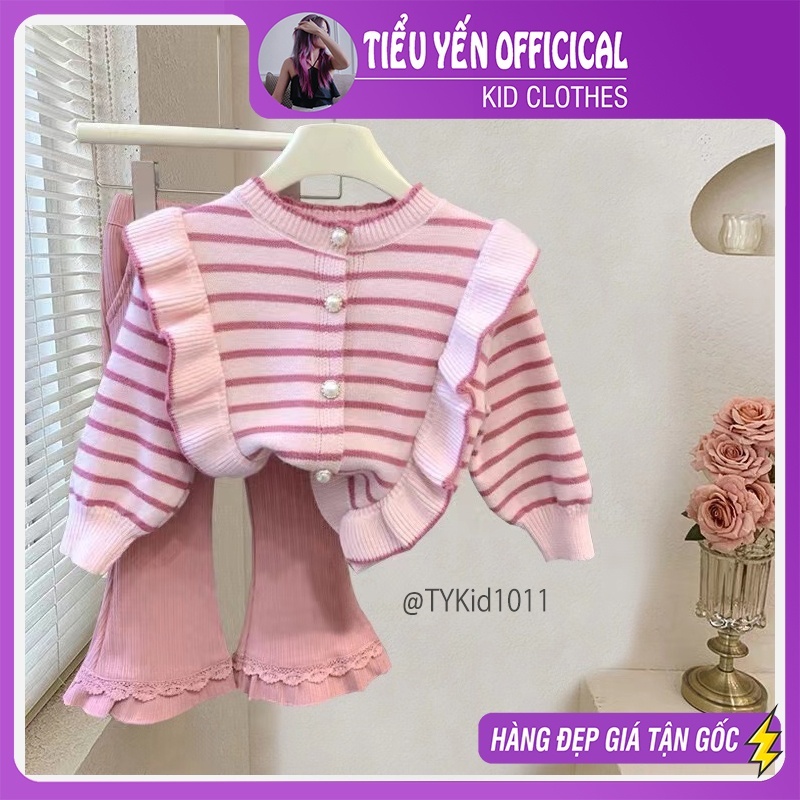 Quần áo trẻ em, Set len cao cấp bé gái, áo khoác len kẻ hồng và quần loe cho bé 9-25kg S1011 | Tiểu Yến KID