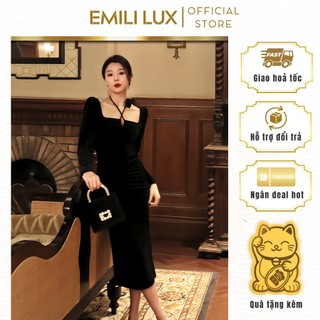 Váy body cổ vuông Emili, váy dự tiệc body dài tay phối hoa 