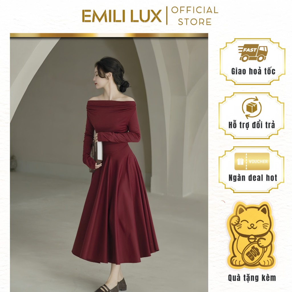 Đầm trễ vai dáng xòe Emili chất xleo, dầm dài tay chong cách
