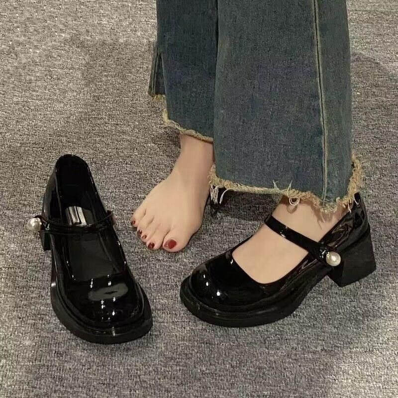 Giày búp bê nữ da bóng lolita đính ngọc tăng chiều cao 5cm mã 323