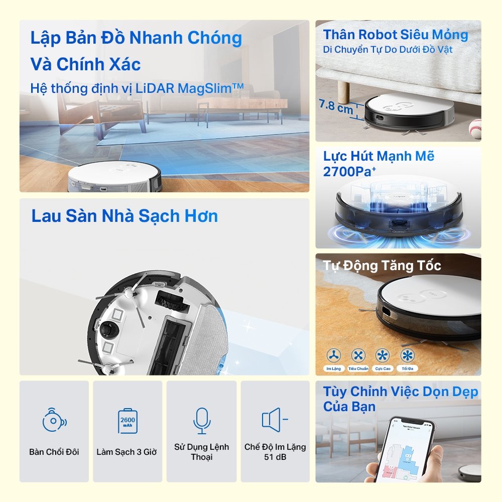 [Hàng Mới] Robot Hút Bụi Và Lau Nhà TP-Link Tapo RV20 Mop / RV20 Mop Plus Điều Hướng LiDar MagSlim