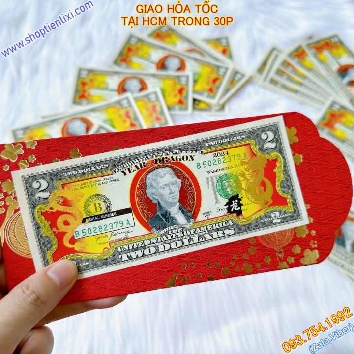 Tờ 2 Đô, 2 USD Hình Con Rồng Mạ Vàng Kỷ Niệm Làm Quà Tặng, Sưu Tầm, Trang Trí, Lì Xì Tết 2024