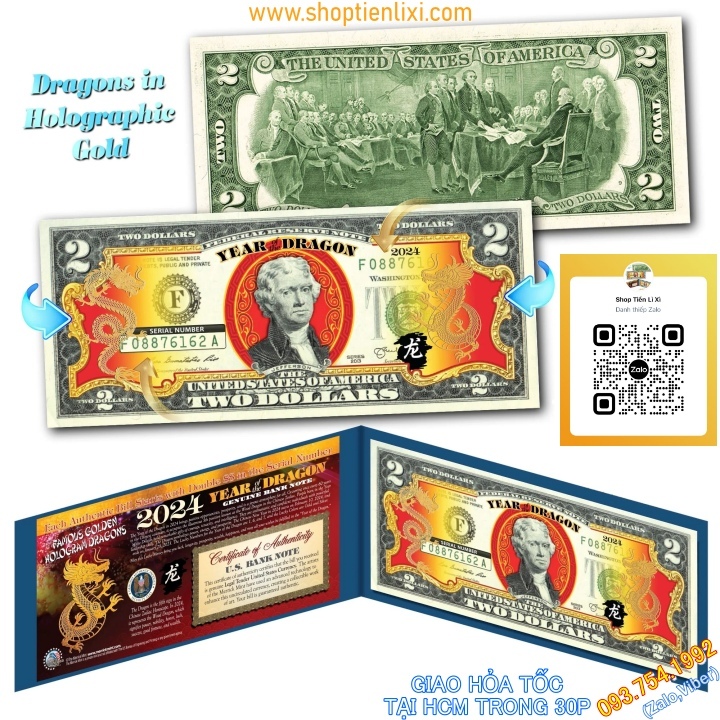 Tờ 2 Đô 2 USD Hình Con Rồng Mạ Vàng 3D Kỷ Niệm Làm Quà Tặng hoặc lì xì 2024