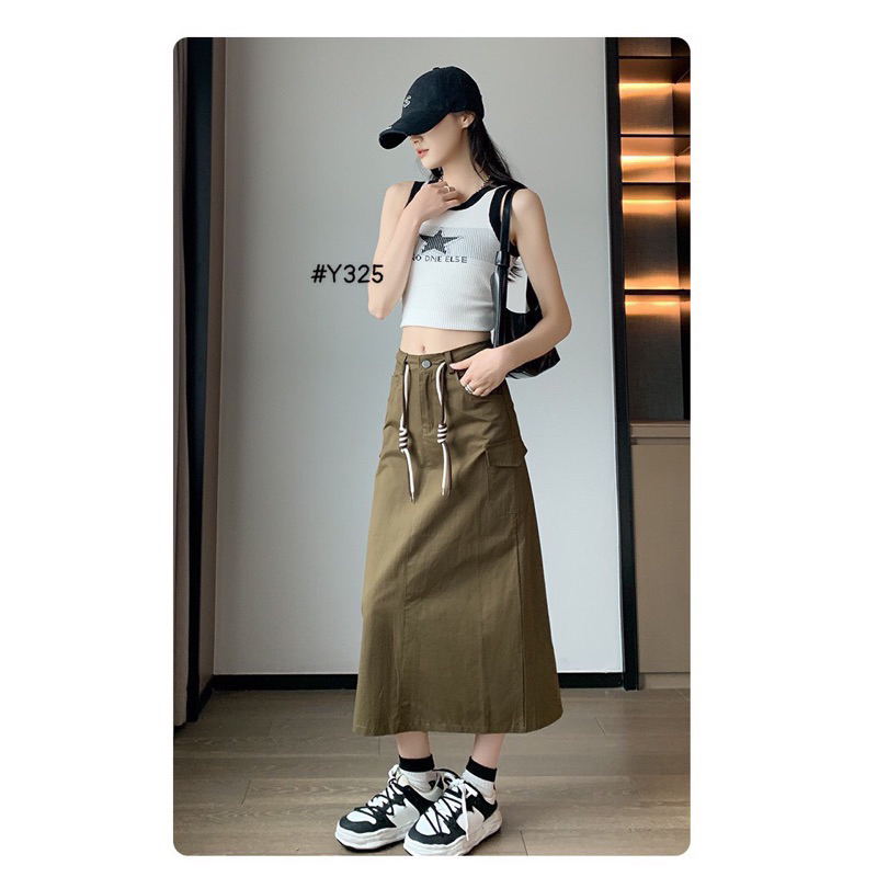Chân Váy Kaki Dáng Dài Túi Hộp Lưng Cao Thời Trang Cá Tính Trẻ Trung Năng Động - Nhím Xù Shop