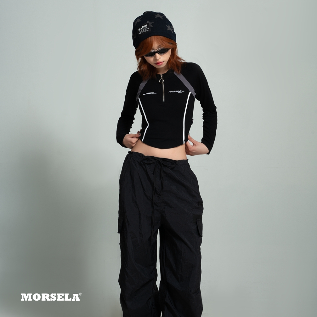 MORSELA® chính hãng -  Áo croptop raglan nữ VIPER tay dài ôm body khóa zip phong cách đường phố