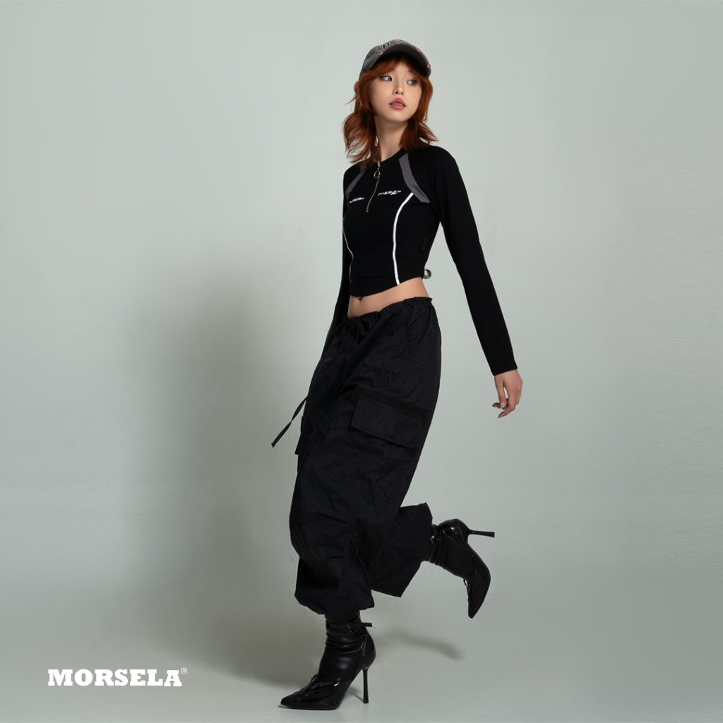 MORSELA® chính hãng -  Áo croptop raglan nữ VIPER tay dài ôm body khóa zip phong cách đường phố
