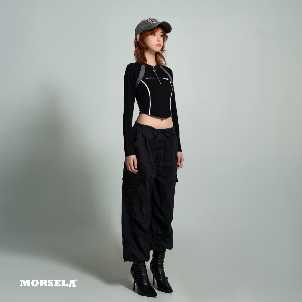 MORSELA® chính hãng -  Áo croptop raglan nữ VIPER tay dài ôm body khóa zip phong cách đường phố