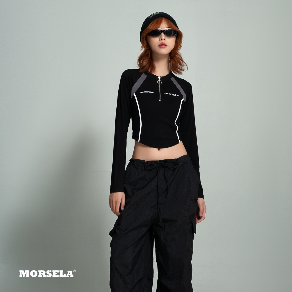 MORSELA® chính hãng -  Áo croptop raglan nữ VIPER tay dài ôm body khóa zip phong cách đường phố