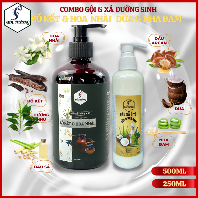 Combo gội BỒ KẾT HOA NHÀI & xả SỮA DỪA, NHA ĐAM Mộc Hương - Giảm khô gãy, chẻ ngọn, lưu hương nhẹ nhàng