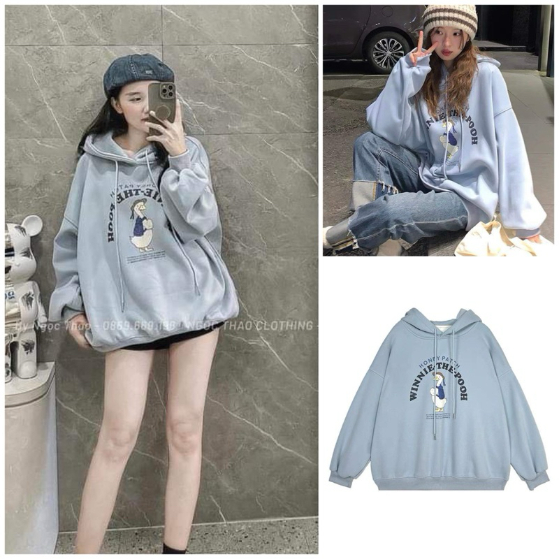 Áo Hoodie Winnie the Pooh Nữ. Hoodie màu xanh pastel mũ 2 lớp tay bồng form rộng