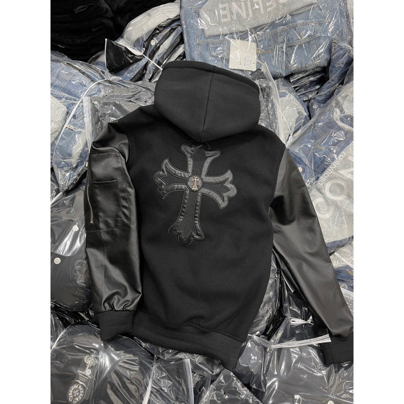 Áo Khoác Dạ Mũ Nỉ Thêu Da Chrrome Hearts Cao Cấp