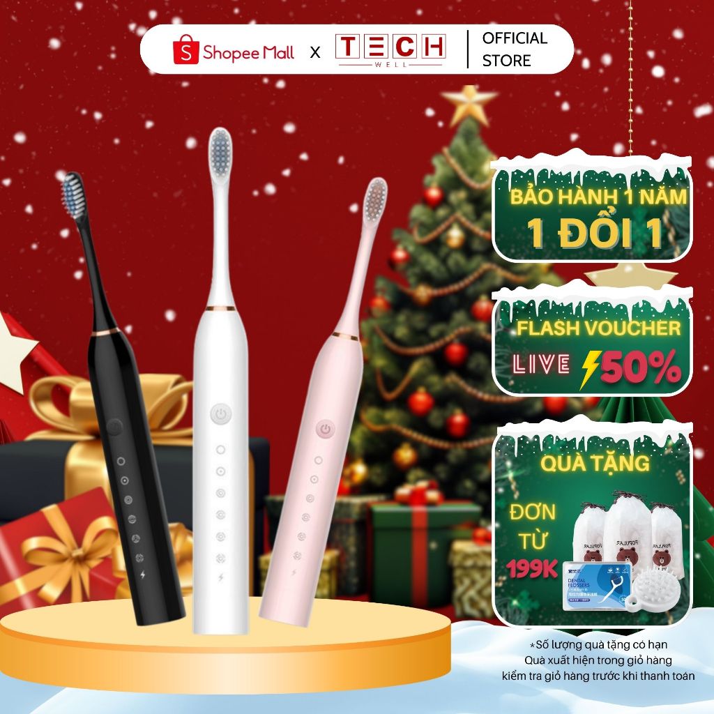 Bàn chải điện đánh răng TECHWELL - Sonic X3 6 chế độ công nghệ sóng âm tặng 4 đầu bàn chải