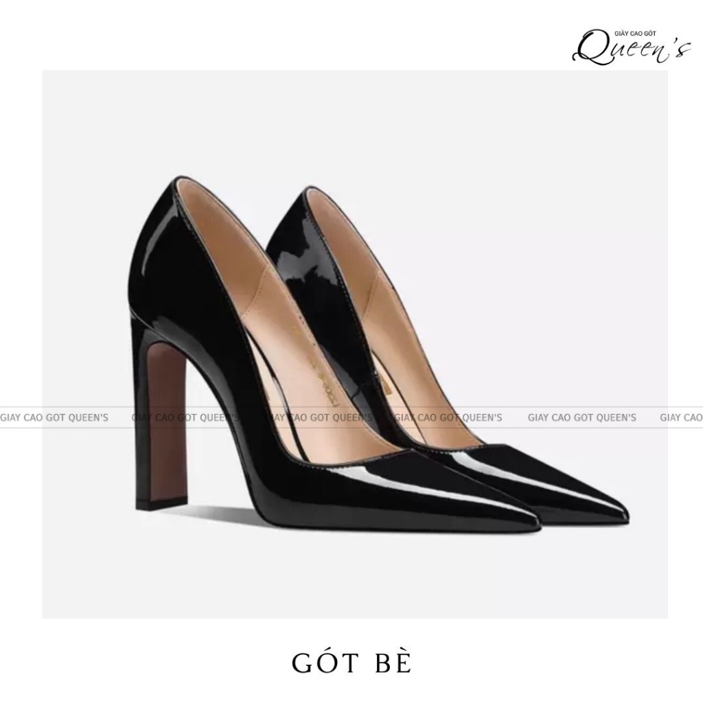 Giày Cao Gót Nữ Bít Mũi Gót Bè Công Sở Đen Bóng QUEENS STORE sang tôn dáng chắc chân cao 8-10-11P