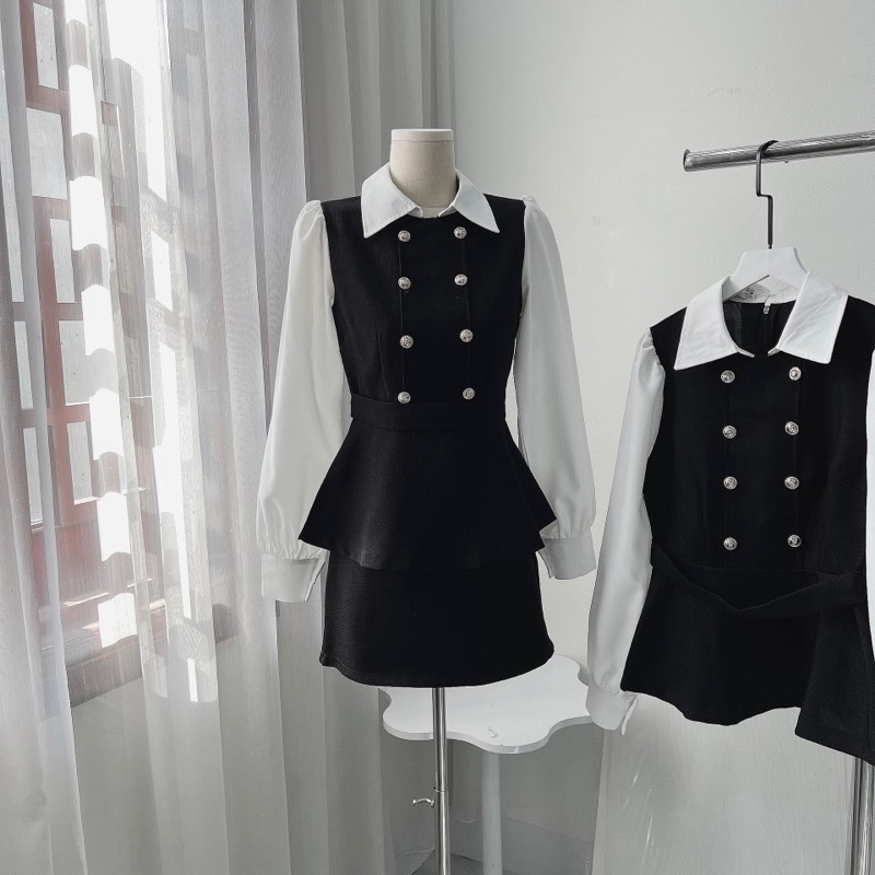 Set dạ tex phối cổ sơ mi tay trắng, set dạ mix chân váy dạ chữ A có lớp lót quần P14