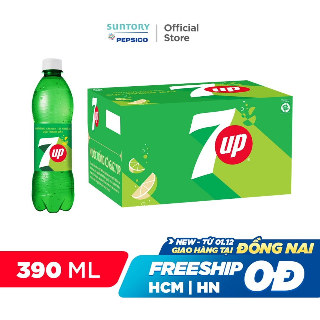 Thùng 24 Chai Nước Ngọt Có Gaz 7Up (390ml/chai)