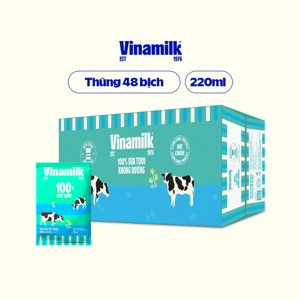 Thùng 48 bịch Sữa tươi tiệt trùng không đường Vinamilk 100% Sữa tươi 220ml