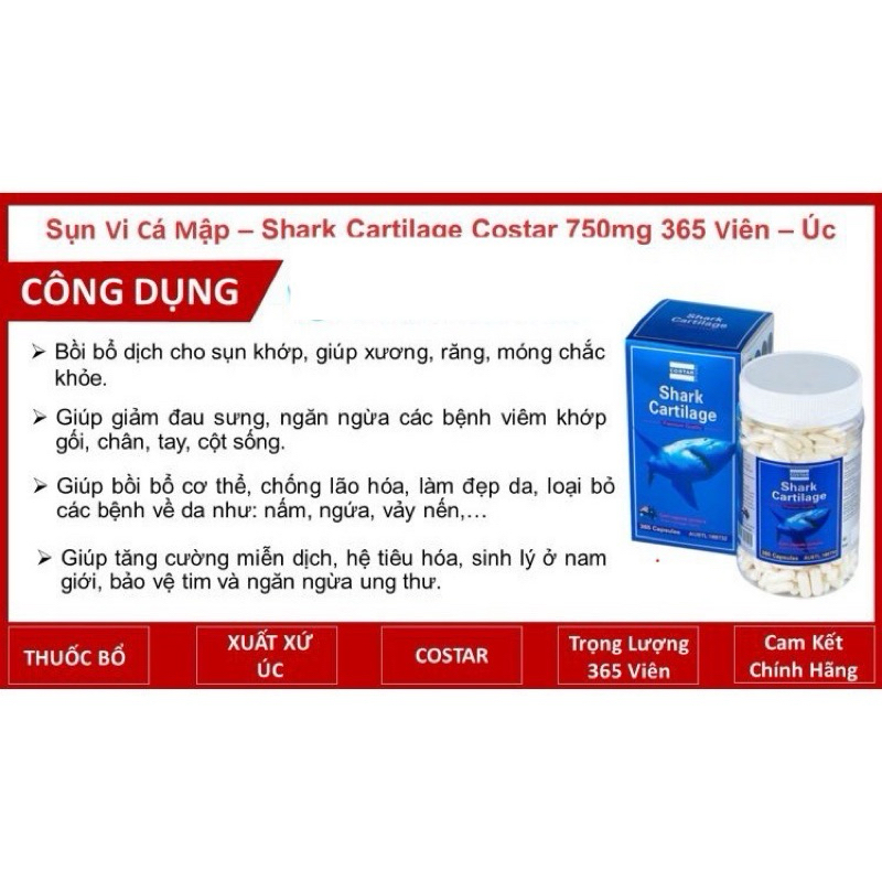 Date 2026 - Viên uống sụn cá mập Costar Shark Cartilage 750mg 365 viên