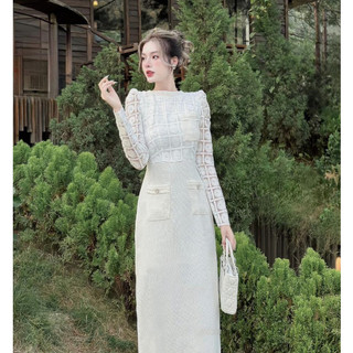 Đầm Dạ Thiết Kế MAY PS84 Chất Liệu Dạ Text Phối Ren Màu Kem Sáng Da - Váy Dạ Thiết Kế Sang Trọng Chuẩn MAY