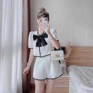 Set bộ áo tiểu thư crotop viền đen kết nơ khác màu nơ , set tiểu thư cực sang trọng qúy phái