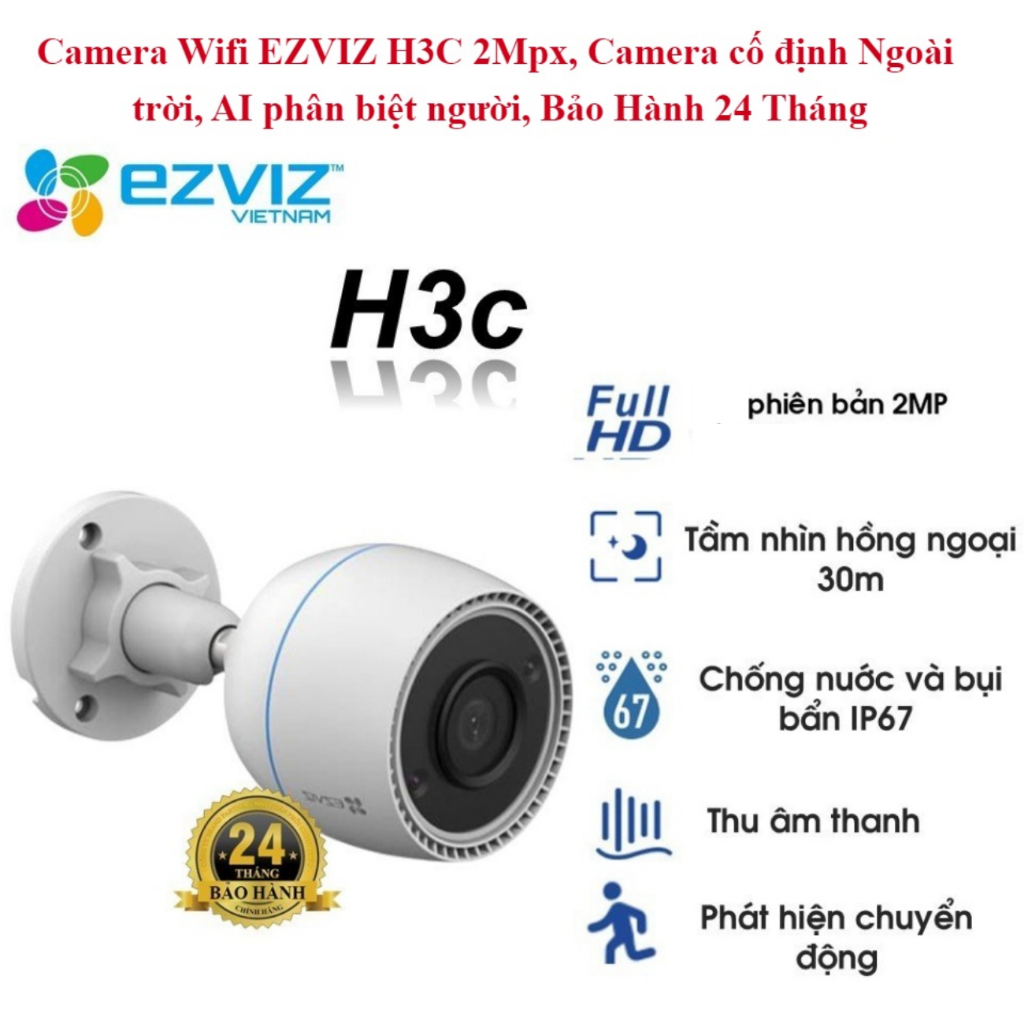H3C | Camera Wifi Ezviz H3C 1080P Full HD, Chạy ngoài trời, Full HD 1080P, Có MIC, Hồng ngoại