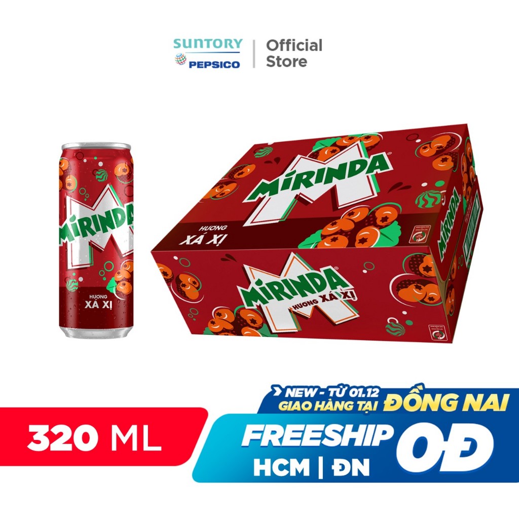 Thùng 24 Lon Nước Ngọt Có Gaz Mirinda Xá Xị (320ml/lon)