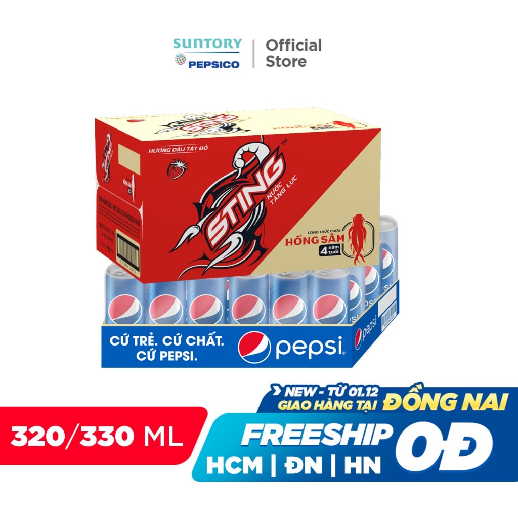 Combo 1 Thùng 24 Chai Sting Dâu (330ml/chai) và 1 Thùng 24 Lon Pepsi (320ml/lon)