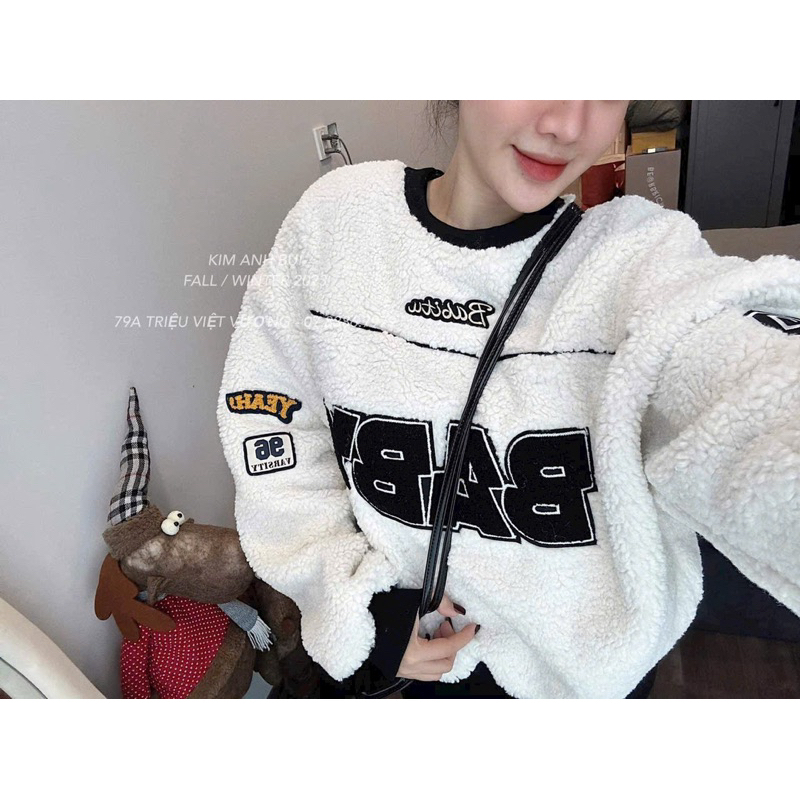 Áo Sweater nữ thêu logo BABY chất lông cừu dày dặn Áo nỉ cổ tròn nữ bo chun from rộng phong cách Hàn Quốc Ulzzang