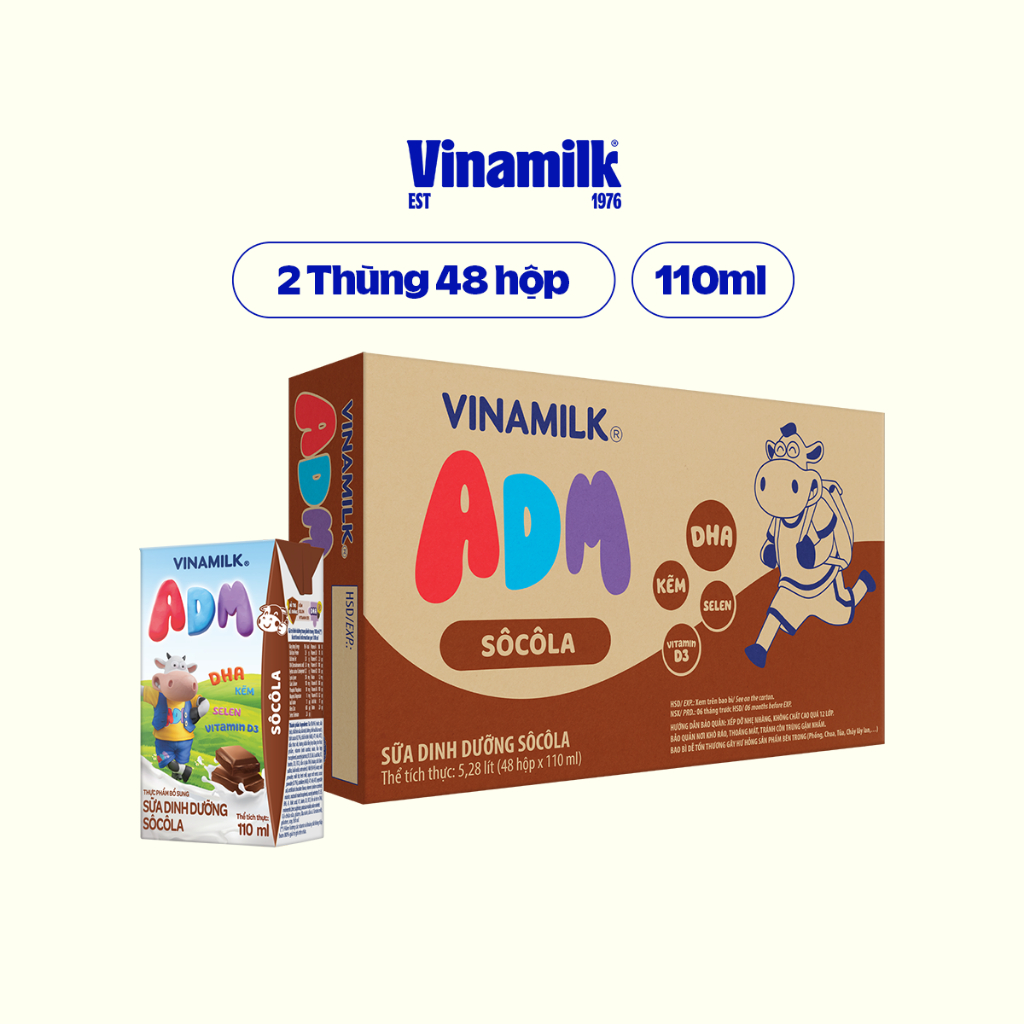 2 Thùng Sữa dinh dưỡng Vinamilk ADM Gold Hương socola Hộp 110ml -48 hộp/Thùng