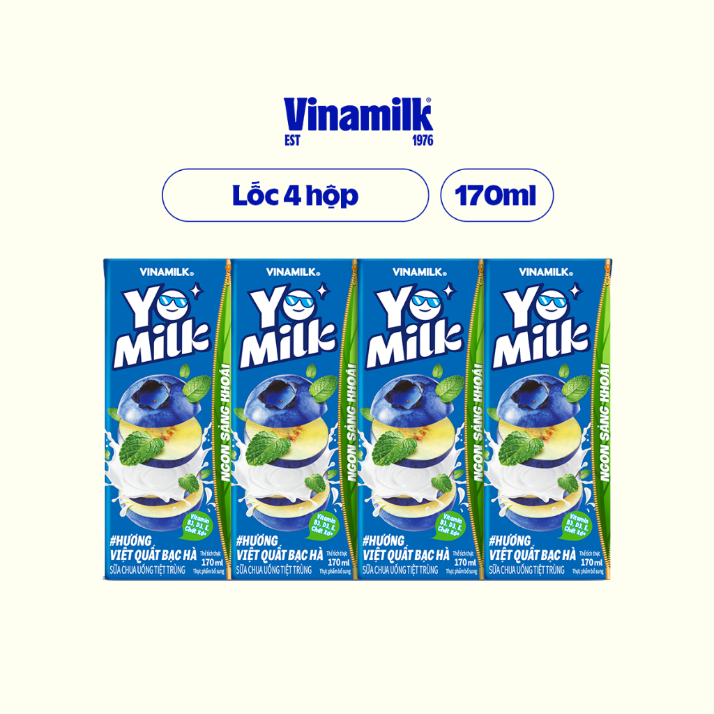 Sữa chua uống Vinamilk Yomilk hương việt quất bạc hà - Lốc 4 hộp 170ml