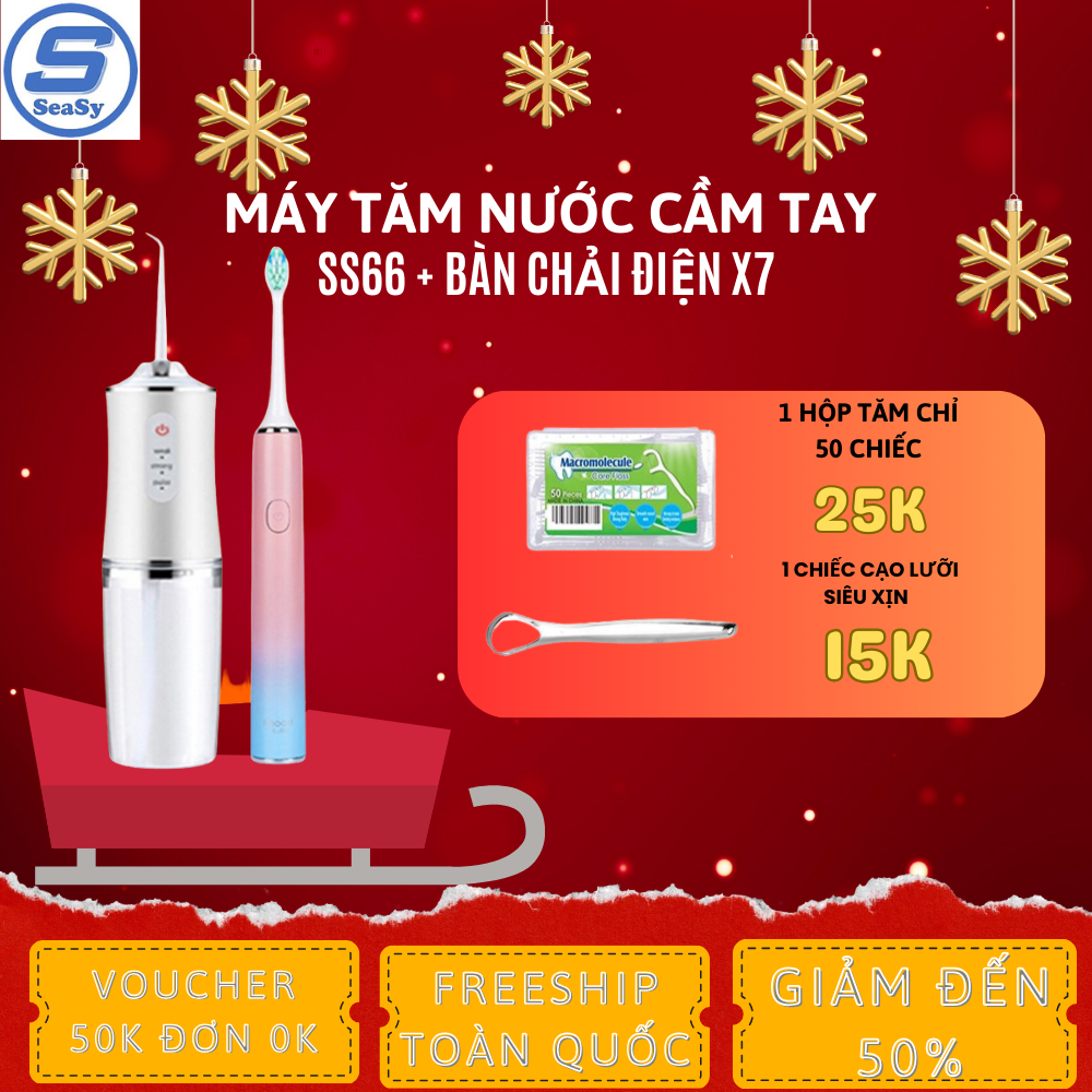 Combo Máy tăm nước du lịch SeaSy SS66 + Bàn chải đánh răng điện SeaSy X7 Pro vệ sinh răng miệng