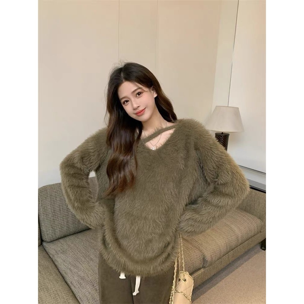 Áo Len Lông Thỏ Màu Dáng Dài Dây Chéo Cổ Tim Tay Loe Phom Rộng Thời Trang Nữ Hàn Quốc | Smide Clothing