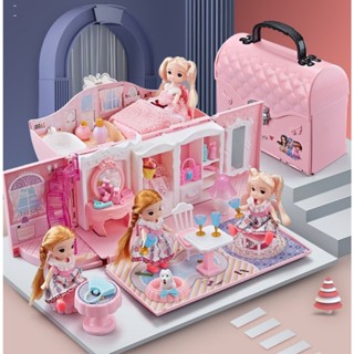 Ngôi nhà búp bê thiết kế dạng túi xách kèm 2 búp bê, đồ chơi búp bê màu hồng dễ thương chp bé