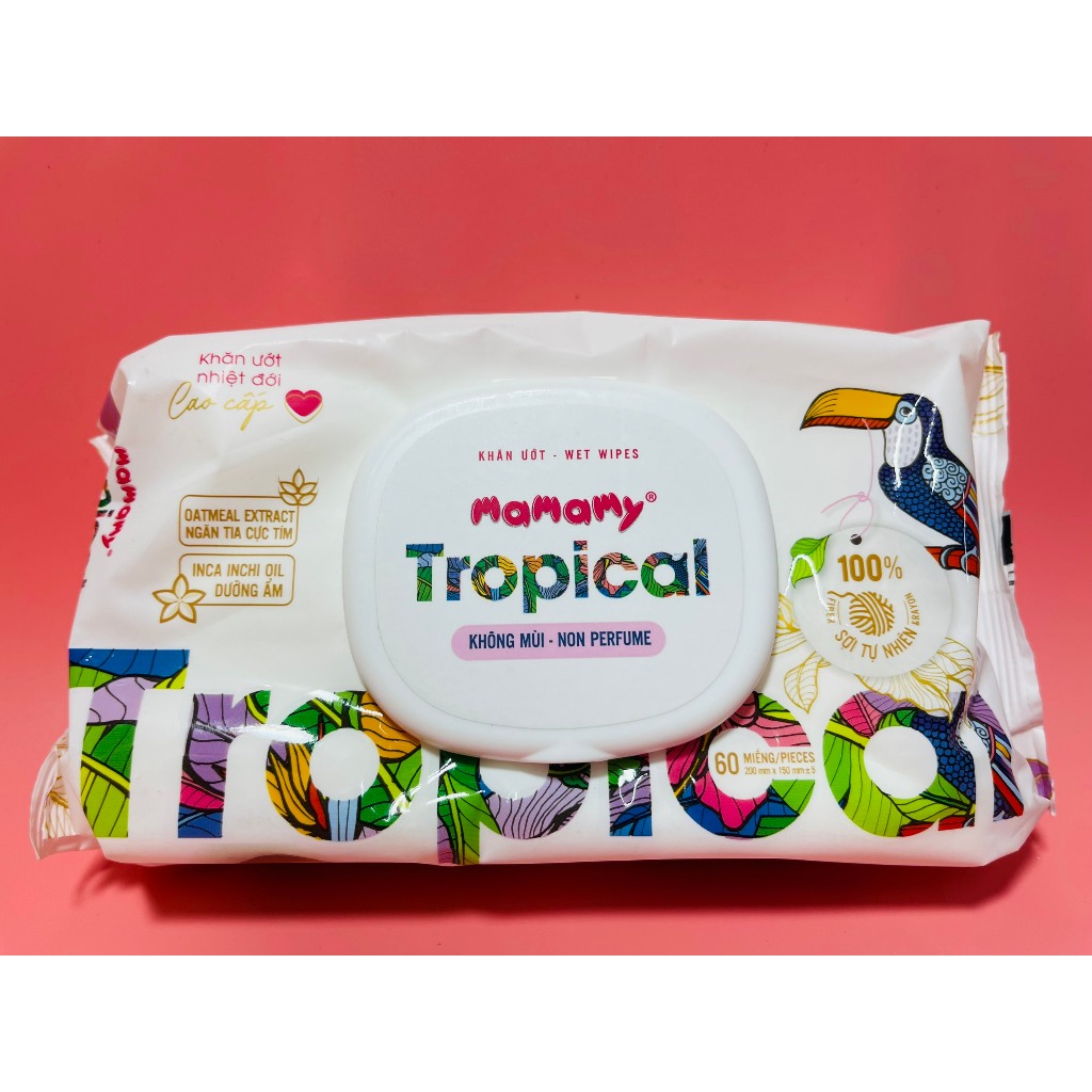 Khăn ướt mamamy TROPICAL 60/90 tờ - 100% sợi tự nhiên ngừa hăm, rôm sảy kháng khuẩn giữ ẩm cho bé