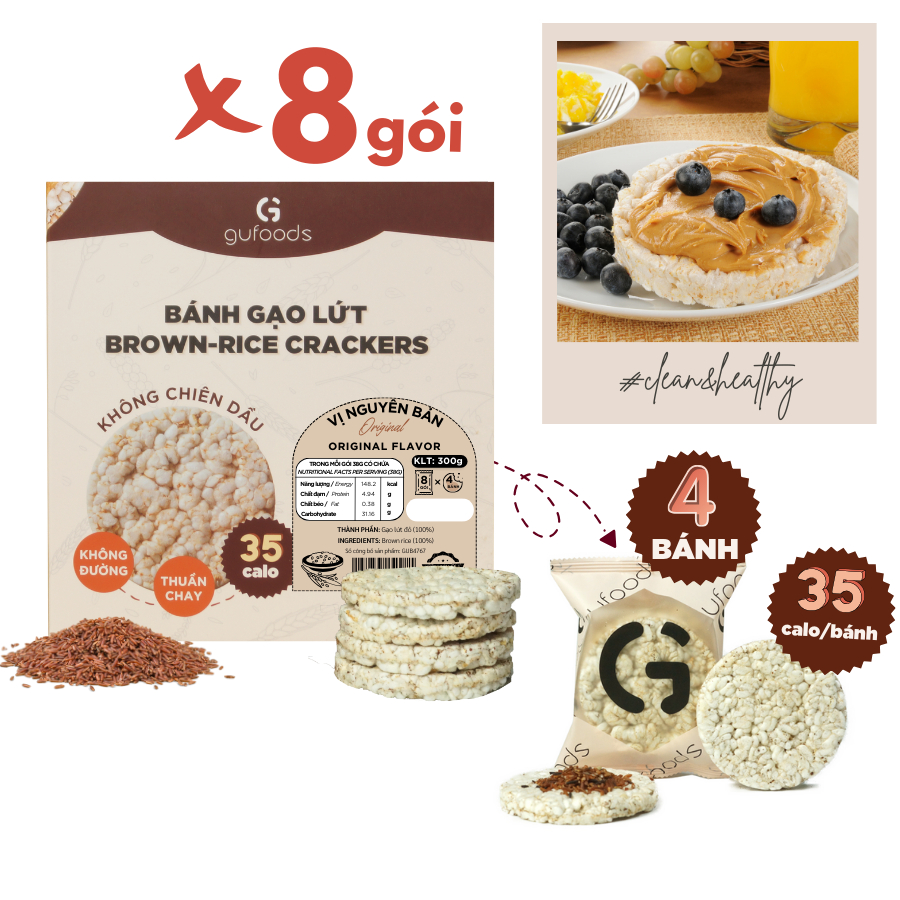 Bánh gạo lứt ăn kiêng GUfoods (Hộp 300g/170g) - Phù hợp Eat clean, Thực dưỡng, Tập Gym, Kiểm soát cân nặng