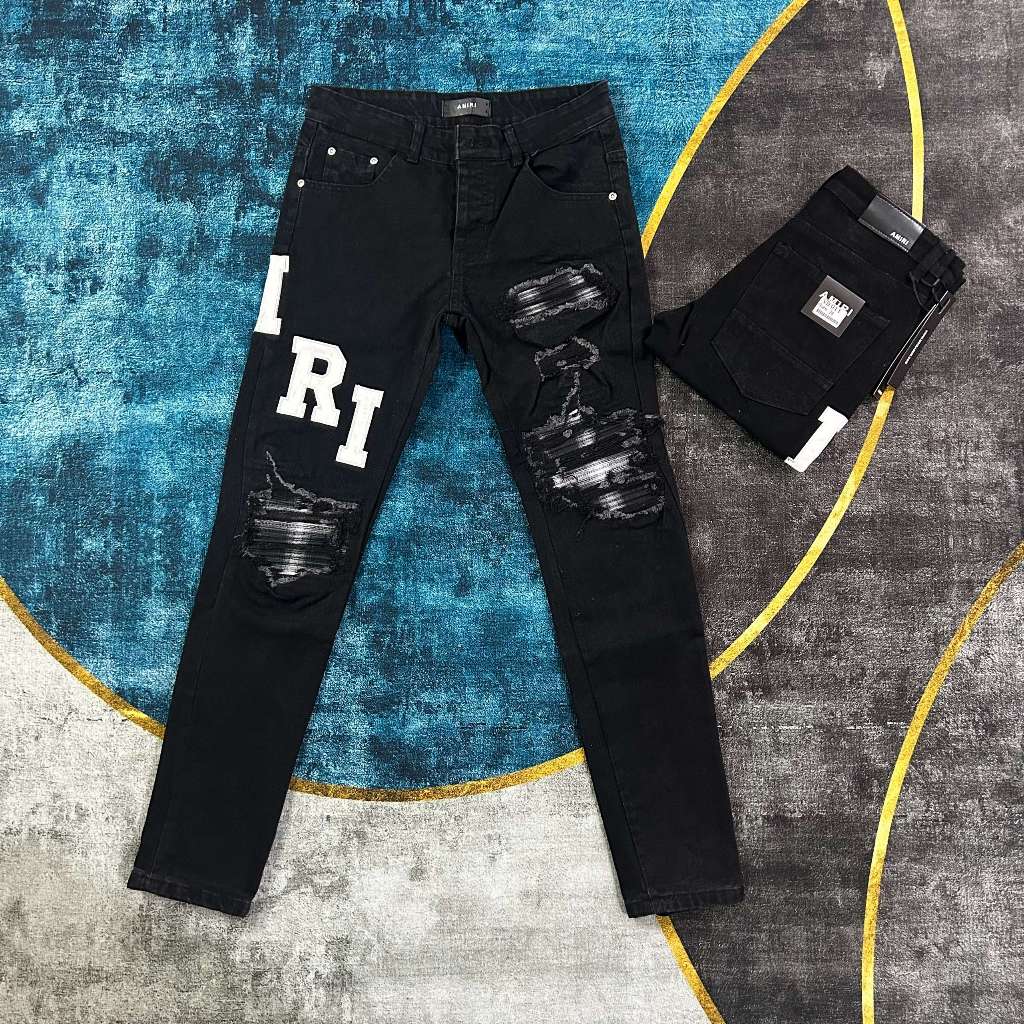 Quần Jean Nam Màu Đen Xậm Thêu Chữ Amiri Trắng Bản Gối Vá Trần Nhăn Ghi Siêu Hot