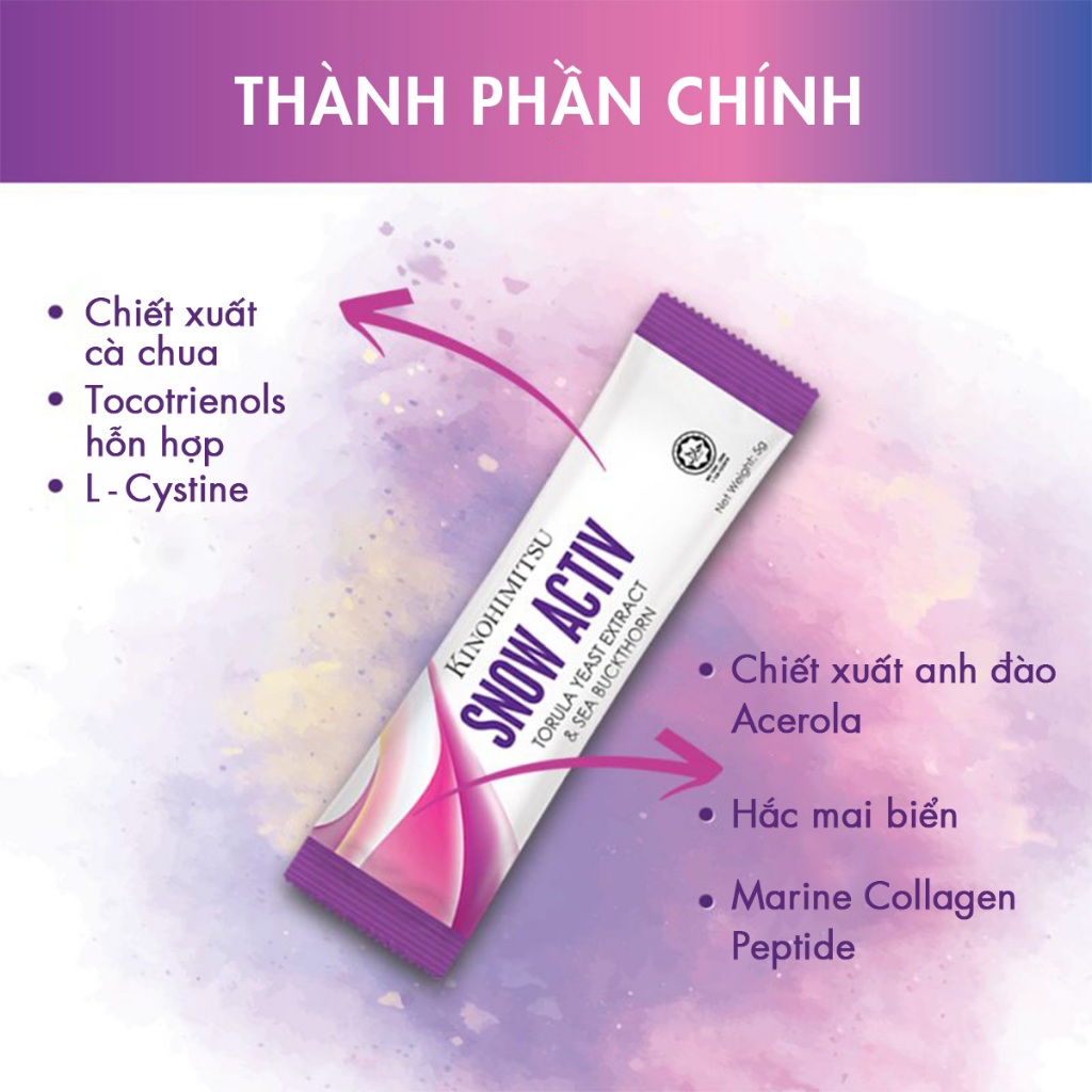 Bột uống trắng da Kinohimitsu Snow Activ giúp đều màu da, phục hồi và săn chắc da 5g x 30 gói