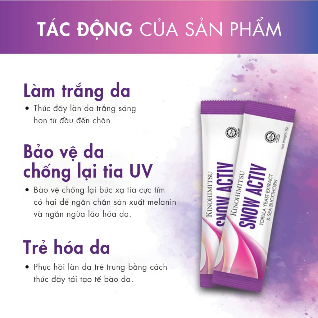 Bột uống trắng da Kinohimitsu Snow Activ giúp đều màu da, phục hồi và săn chắc da 5g x 30 gói