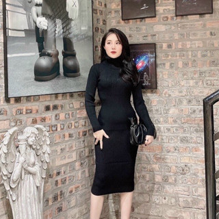  váy body nữ dài tay cổ lọ chất len tăm màu đen dễ mặc 