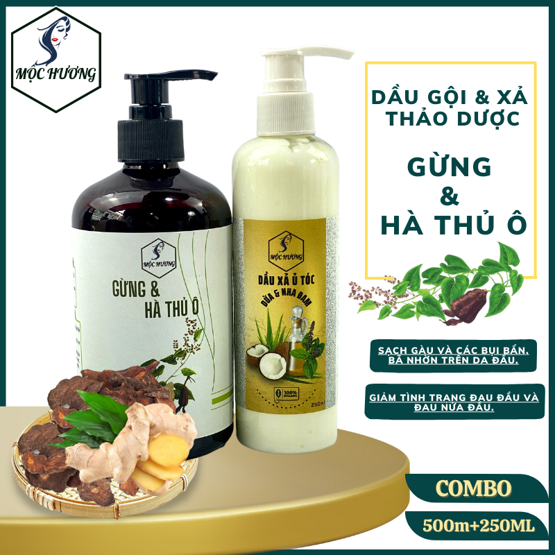 Cặp đôi gội 500ml GỪNG, HÀ THỦ Ô xả 250ml DỪA, NHA ĐAM Mộc Hương - Ngăn gàu giảm rụng tóc, bóng mượt