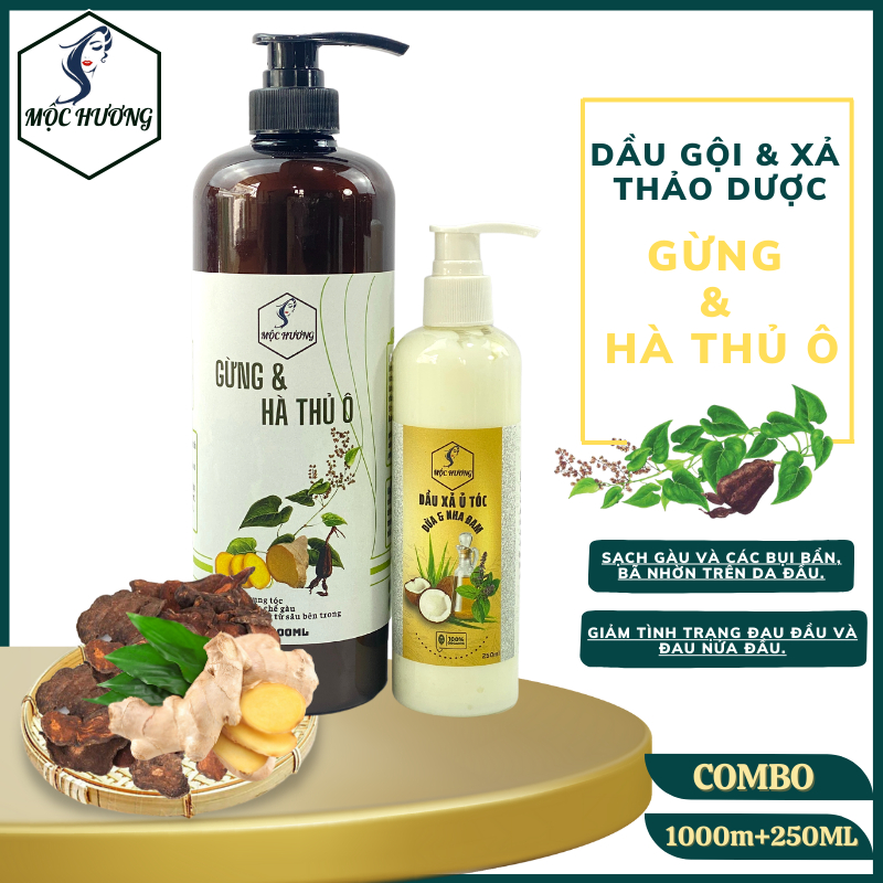 Cặp đôi gội 1000ml GỪNG, HÀ THỦ Ô xả 250ml DỪA, NHA ĐAM Mộc Hương - Ngăn gàu giảm rụng tóc, bóng mượt