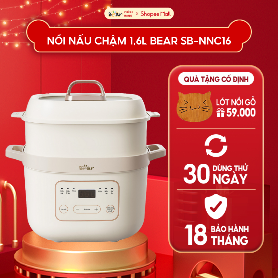 Nồi Nấu Chậm Bear 1,6L Đa Năng 6 Chế Độ Ninh Nấu Hầm Hấp Tiết Kiệm Thời Gian Giữ Trọn Chất Dinh Dưỡng -  SB-NNC16