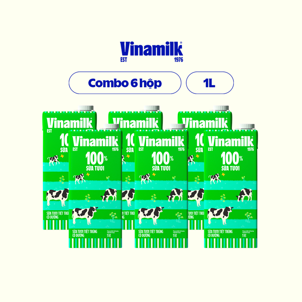 Combo 6 hộp Sữa tươi tiệt trùng Vinamilk 100% có đường - Hộp 1L