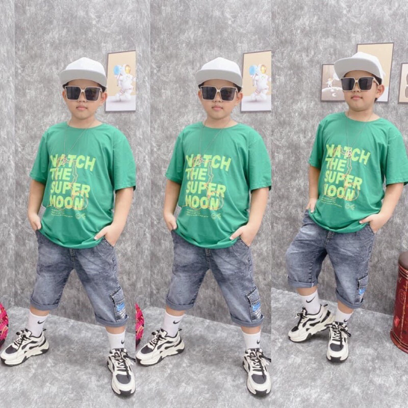 Set quần jean áo ngắn tay bé trai kèm túi đeo chéo bé trai, set đùi quảng cháu bé trai