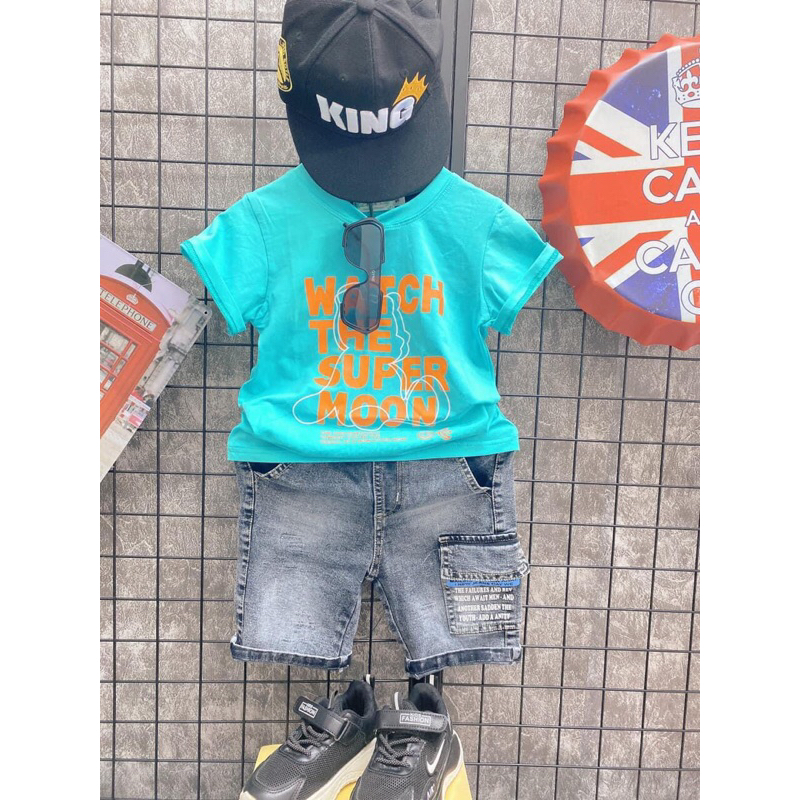 Set quần jean áo ngắn tay bé trai kèm túi đeo chéo bé trai, set đùi quảng cháu bé trai