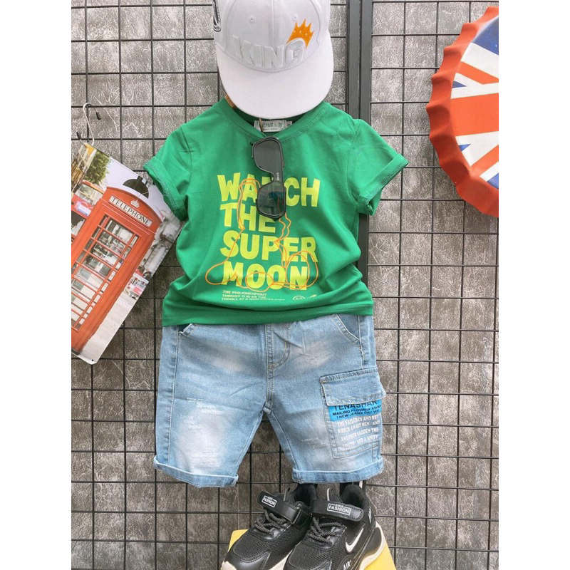 Set quần jean áo ngắn tay bé trai kèm túi đeo chéo bé trai, set đùi quảng cháu bé trai
