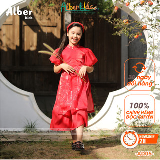 Áo dài thêu hoa sen 2 ĐỎ VÀNG ALBERKIDS phiên bản TẾT 2024 cho bé gái cho trẻ em 4,5,6,7,8,9,10,11,12 tuổi AD05