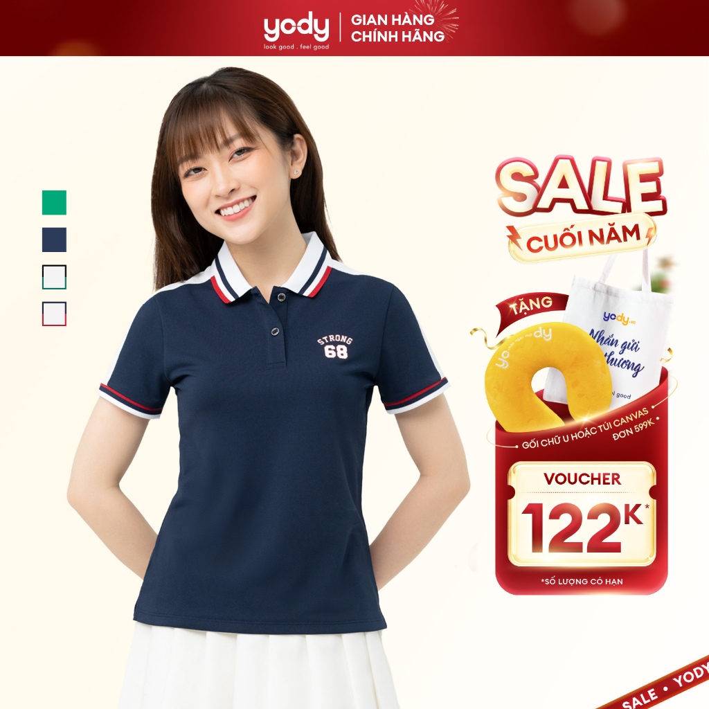 Áo thun polo nữ phối tay YODY vải cafe khử mùi in chữ Strong màu đa dạng, hiện đại, trẻ trung APN6044