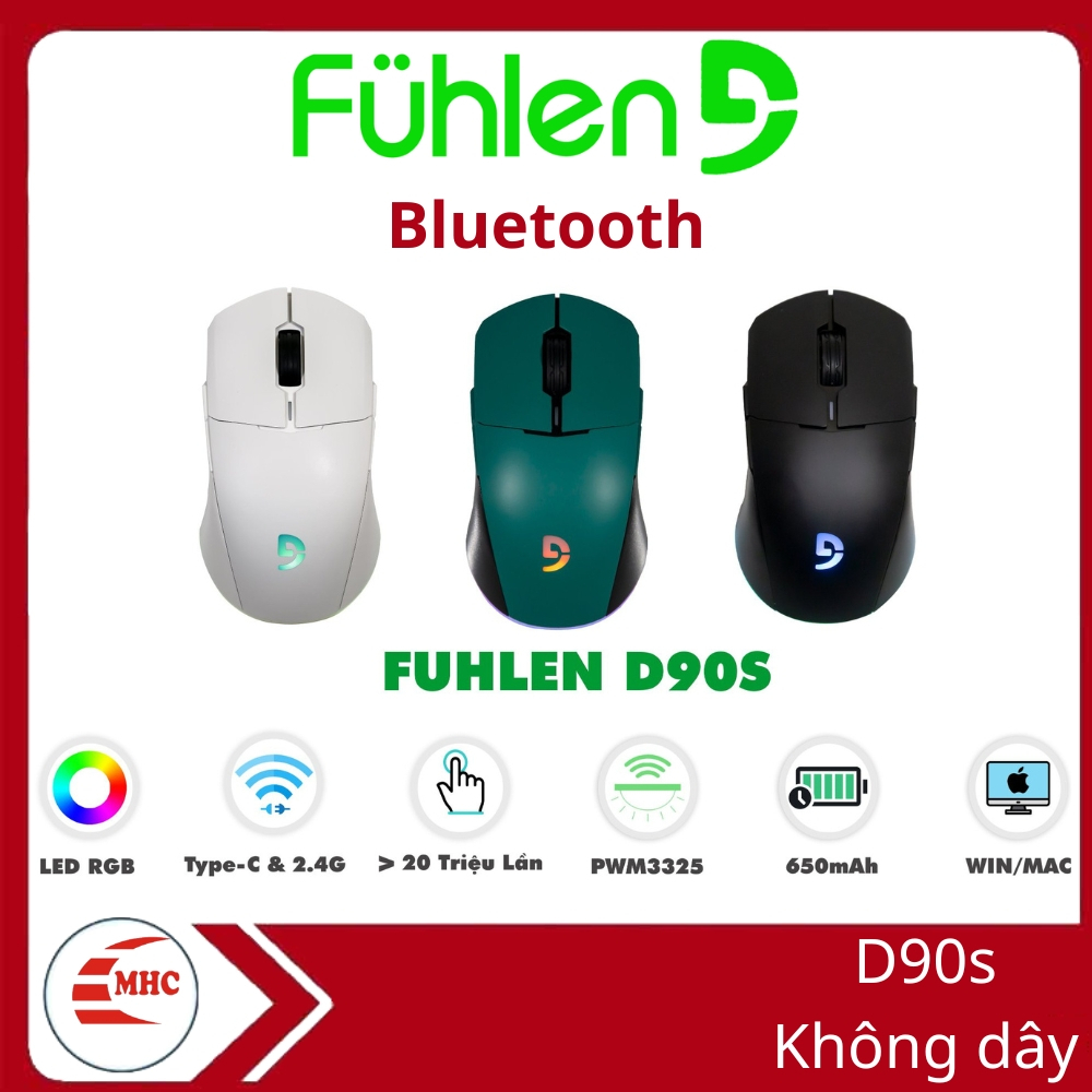 Chuột Gaming không dây Fuhlen D90S RGB, DPI 10000, Pin sạc 650mAh 3 chế độ kết nối- BH 24 tháng
