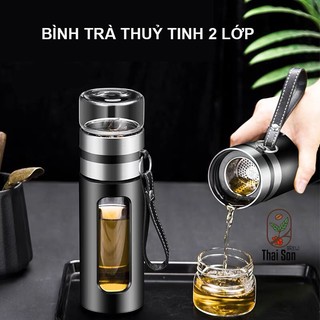 Bình pha trà thuỷ tinh 2 lớp lõi inox 304 kèm ly uống trà tiện lợi